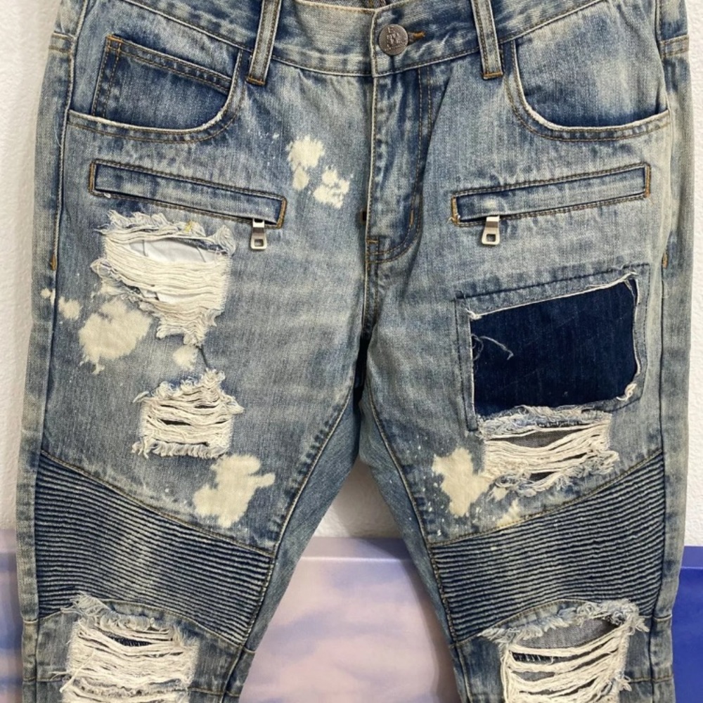 NWOT Embellish NYC Mens Size 32x32 SPIN Blue Biker Denim Jeans HOLES DISTRESSED